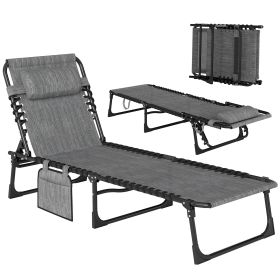 Chaise Lounge Chair Outdoor, 5-Position Adjustable Sun Tanning Chair with Carrying Handle and Side Pocket, Folding Bed Cot with Removable Pillow (Option: Grey-760x140x610 mm)
